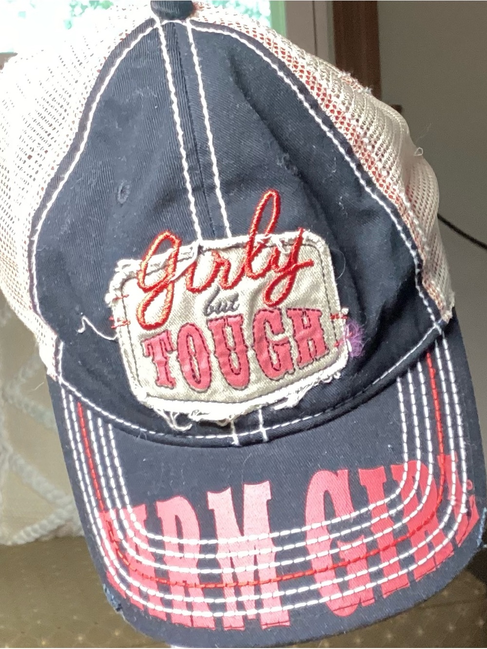 Girly But Tough Navy Pink Embroidered Trucker Hat